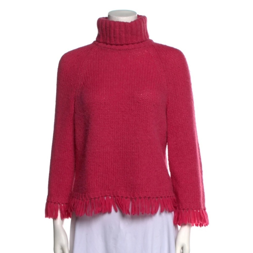 NWT Tory Burch Jennifer Sweater Hibiscus Flower Cropped Fringe Turtleneck Medium